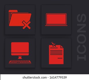 Set Note paper with pinned pushbutton, Delete folder, Laptop and Computer monitor with keyboard icon. Vector