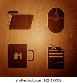 Set Note paper with pinned pushbutton, Document folder, Coffee cup and Computer mouse on wooden background. Vector