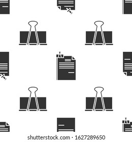 Set Note paper with pinned pushbutton, File document and binder clip and Binder clip on seamless pattern. Vector