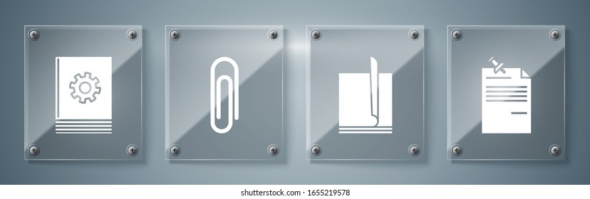 Set Note paper with pinned pushbutton, File document, Paper clip and User manual. Square glass panels. Vector