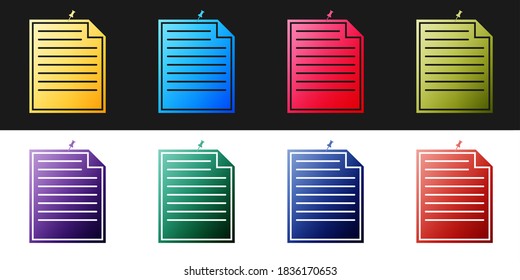 Set Note paper with pinned pushbutton icon isolated on black and white background. Memo paper sign. Vector.