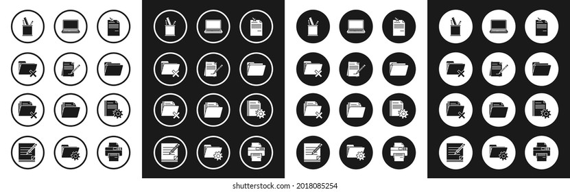 Set Note paper with pinned pushbutton, Blank notebook and pencil eraser, Delete folder, Pencil case stationery, Document, Laptop, settings gears and  icon. Vector