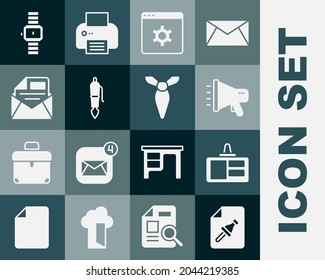 Set Note paper with push button, Identification badge, Megaphone, Browser setting, Fountain pen nib, Mail and e-mail, Wrist watch and Tie icon. Vector
