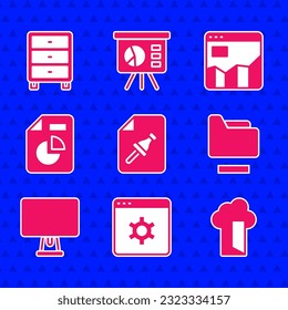 Set Note paper with push button, Browser setting, Cloud database, Document folder, Computer monitor, graph chart, Graph infographic and Archive papers drawer icon. Vector
