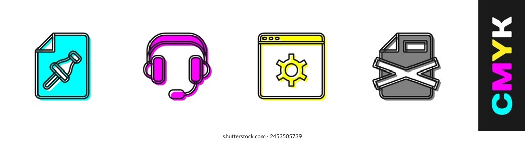 Set Note paper with push button, Headphones, Browser setting and Delete file document icon. Vector