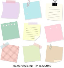 Set of Note Paper Sheet with Binder Clip and Adhesive Tape. Post It Memo Vector Illustration