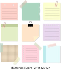 Set of Note Paper Sheet with Binder Clip and Adhesive Tape. Post It Memo Vector Illustration