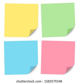 Set of note papers of different colors with a bent right bottom corner. Vector illustration.