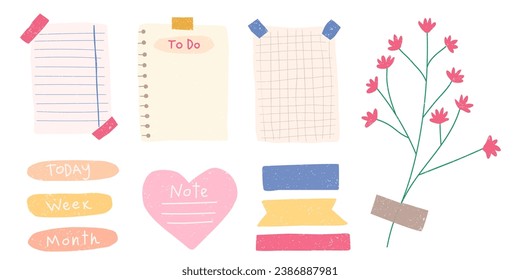 Set of note papers with hearts and flowers. Hand drawn vector illustration.