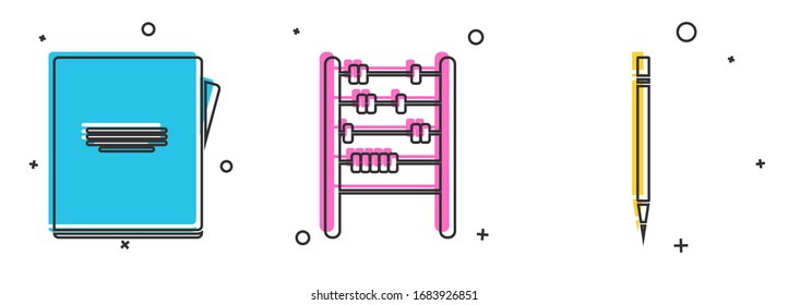 Set Notebook, Abacus and Pencil with eraser icon. Vector