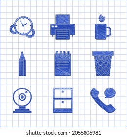 Set Notebook, Archive papers drawer, Telephone handset and speech bubble chat, Trash can, Web camera, Pencil, Cup of tea leaf and Time Management icon. Vector