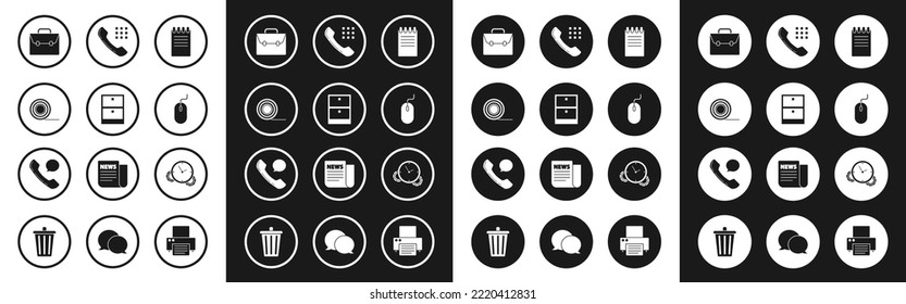 Set Notebook, Archive papers drawer, Scotch, Briefcase, Computer mouse, Telephone handset, Time Management and speech bubble chat icon. Vector
