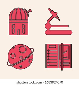Set Notebook, Astronomical observatory, Microscope and Planet icon. Vector