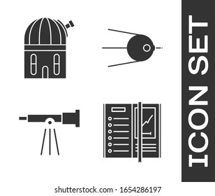 Set Notebook, Astronomical observatory, Telescope and Satellite icon. Vector