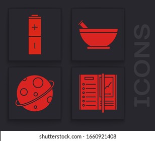 Set Notebook, Battery, Mortar and pestle and Planet icon. Vector