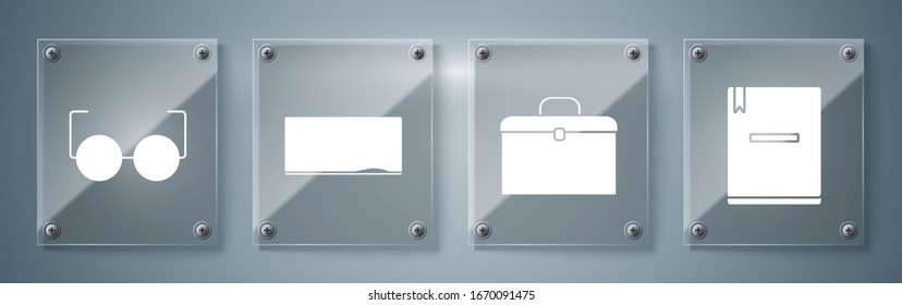 Set Notebook, Briefcase, Chalkboard and Glasses. Square glass panels. Vector