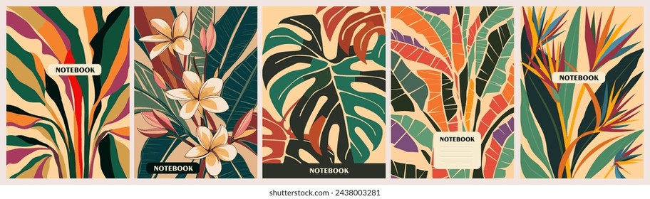 Conjunto de diseños botánicos abstractos de la cubierta del cuaderno.