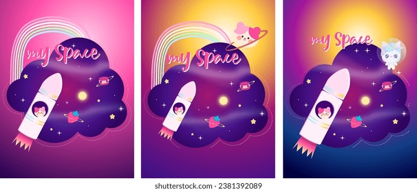 set notebook cover with cat kid's cartoon animal's character on space blue pink background Tee rainbow color