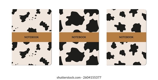 Set of notebook cover designs with cow skin patterns. Vector flat abstract animal texture illustrations