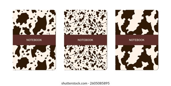 Set of notebook cover designs with cow skin patterns. Vector flat abstract animal texture illustrations