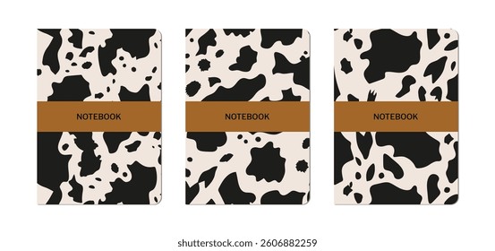 Set of notebook cover designs with cow skin patterns. Vector flat abstract animal texture illustrations