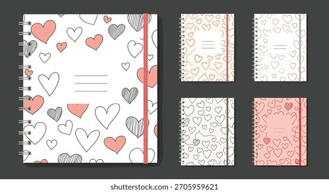 Conjunto de desenhos de capa de notebook com vários padrões românticos de coração desenhado à mão perfeito para o Dia dos Namorados ou papelaria de casamento.