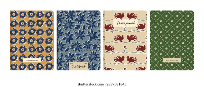 Set of notebook cover designs with rustic linocut and block print patterns including floral, leaf, and bird motifs