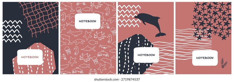 Set of notebook cover designs with sea life. Vector hand drawn illustrations, patterns of whales, octopus, dolphin, stars