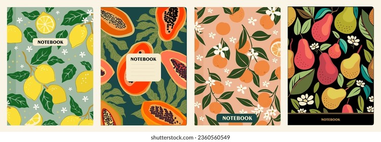 Conjunto de diseños de frutas dibujados a mano en portapapeles. Resumen del fondo botánico retro para cuadernos, planificadores, folletos, libros, plantilla de catálogos. Ilustraciones de vector Groovy hippie retro 90, 70