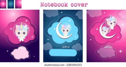 set notebook cover with unicorn kid's cartoon animal's character on space blue pink background Tee rainbow color