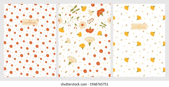 Set von Notizbuchhüllen mit Blumen, Blättern und Beeren. Warme, helle, komfortable Farben - rot und gelb. Sommer- und Vintage-Stimmung. A4-Proportionen. Muster in Armbanduhren.