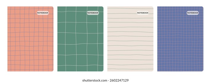 Set of Notebook Covers with Grid Lined Patterns, Checkered Lined School Papers, Cute Vector Y2K Backgrounds, Hand-Drawn Groovy Wavy Textures.