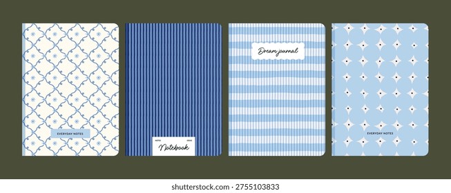Set of notebook, diary, planner cover designs with blue hand-drawn patterns. Stationery templates