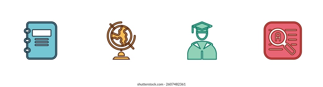 Set Notebook, Earth globe, Graduate and graduation cap and Translator icon. Vector