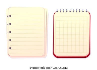 Set notebook, empty paper for notes, collection journal with spiral top view in cartoon style isolated on white background. 