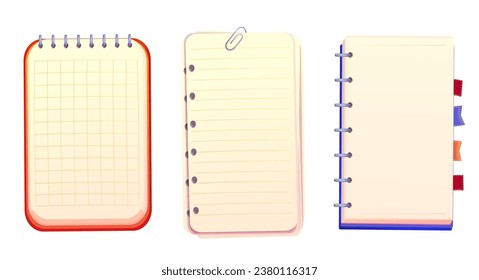 Set notebook, empty paper for notes, collection journal with spiral top view in cartoon style isolated on white background. 