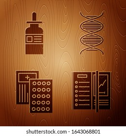 Set Notebook, Glasflasche mit Pipette, Pillen in Blisterpackung und DNA-Symbol auf Holzhintergrund. Vektorillustration