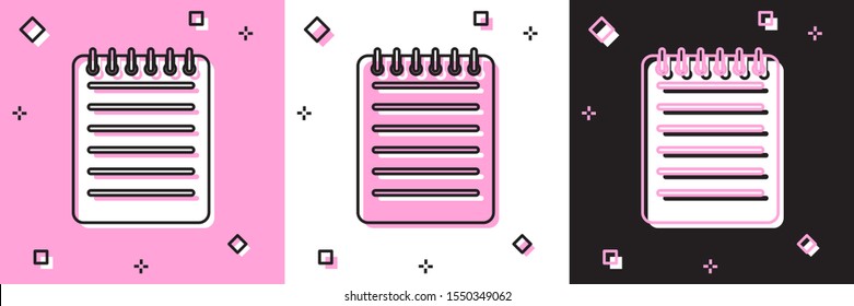 Set Notebook icon isolated on pink and white, black background. Spiral notepad icon. Writing pad. Diary for business. Notebook cover design.  Vector Illustration