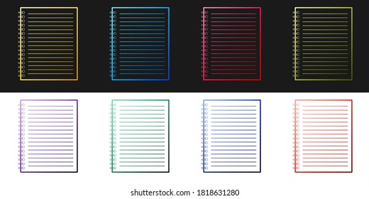 Set Notebook icon isolated on black and white background. Spiral notepad. School notebook. Writing pad. Notebook cover design. Office stationery items. Vector.