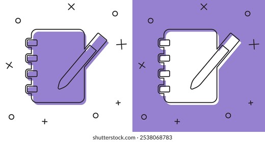 Notizbuchsymbol einzeln auf weißem und violettem Hintergrund festlegen. Symbol für spiralförmigen Notizblock. Schulheft. Schreibblock. Schülerkalender.  Vektorgrafik