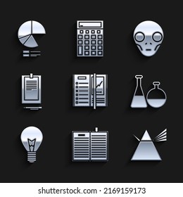 Set Notebook, Light rays in prism, Test tube and flask chemical laboratory, bulb with concept of idea, Clipboard document, Extraterrestrial alien face and Pie chart infographic icon. Vector