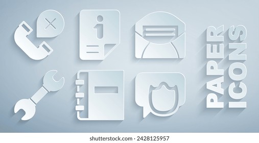 Set Notebook, Mail and e-mail, Wrench spanner, Speech bubble chat, Information and Declined missed phone call icon. Vector