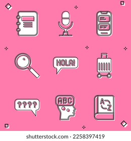 Set Notebook, Microphone voice device, Online translator, Magnifying glass, Hola different languages, Suitcase, Speech bubbles with Question and Learning foreign icon. Vector