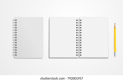 Set of notebook mock up. Empty pages copybook with metal spiral template. Realistic closed and open notebook. Vector illustration. Isolated on white background