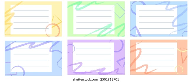 Set of notebook name stickers with colorful textured lines and geometric shapes. Vector illustration for school supplies. Labels.