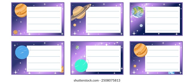 Set of notebook name stickers with colorful planets on Galaxy background. Astronomical vector illustration for school supplies, labels, print. 