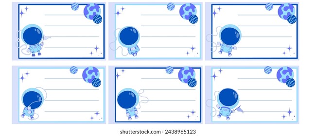 Set of notebook name stickers with cute astronauts and planets. Vector illustration for school supplies.