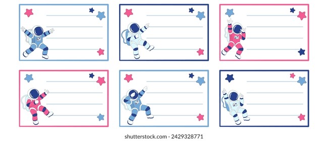 Conjunto de pegatinas de nombre de cuaderno con alegres astronautas haciendo diferentes gestos. Ilustración vectorial para útiles escolares.