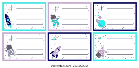 Set Set Set mit Notizbuch-Namensaufklebern mit Platzelementen: Astronauten, Planeten, Raketen, Sterne. Vektorgrafik für Schulbedarf.