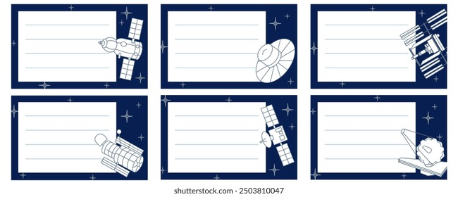 Set of notebook name stickers with space telescopes, spaceship and space station. Vector illustration for school supplies. Labels.